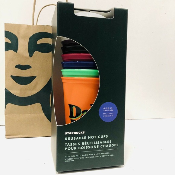 Starbucks 2020 Halloween Glow In The Dark 16oz Reusable Hot Cup & Lid 6 Set NEW - Picture 2 of 5